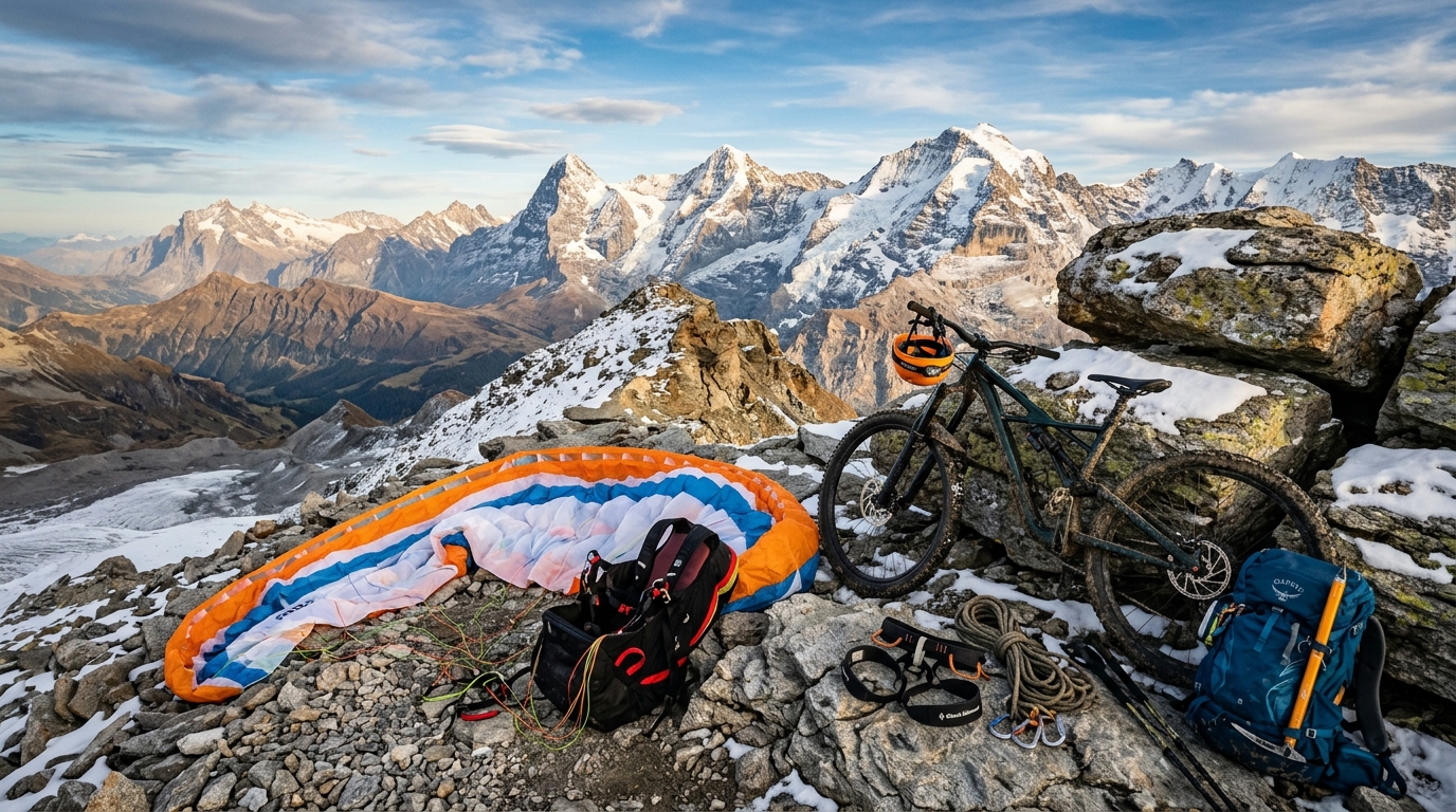 Matériel de sports outdoor posé en montagne, parapente harnais et casque