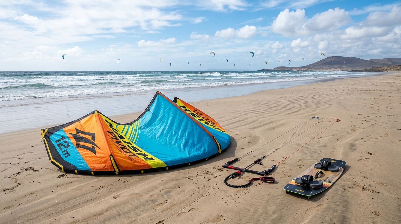 Matériel de kitesurf disposé sur une plage face à l'océan