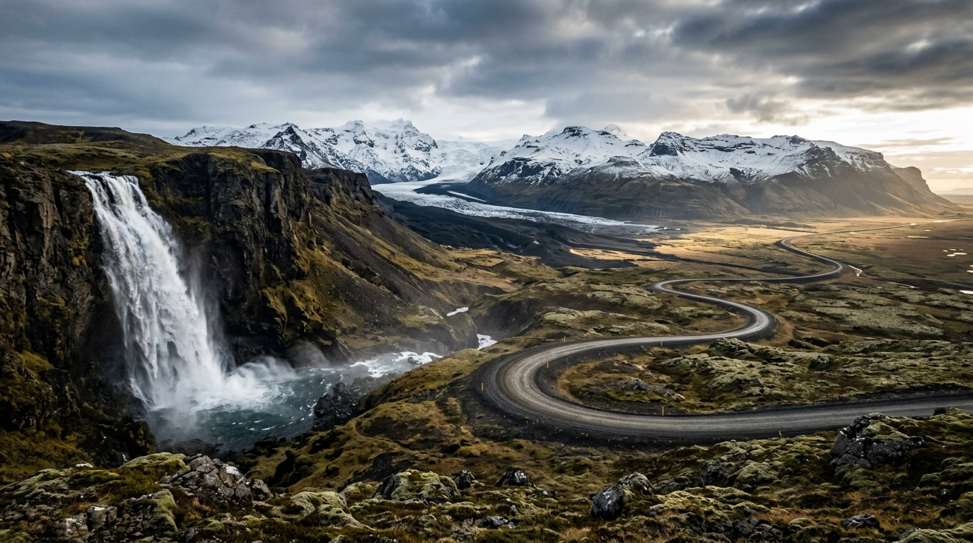 Paysage islandais grandiose avec cascade glacier et route déserte de montagne