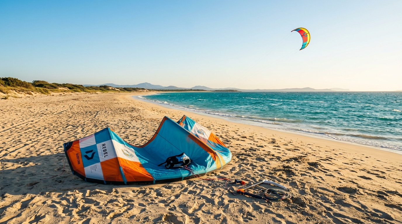 Spot de kitesurf avec aile posée sur la plage et aile dans le ciel