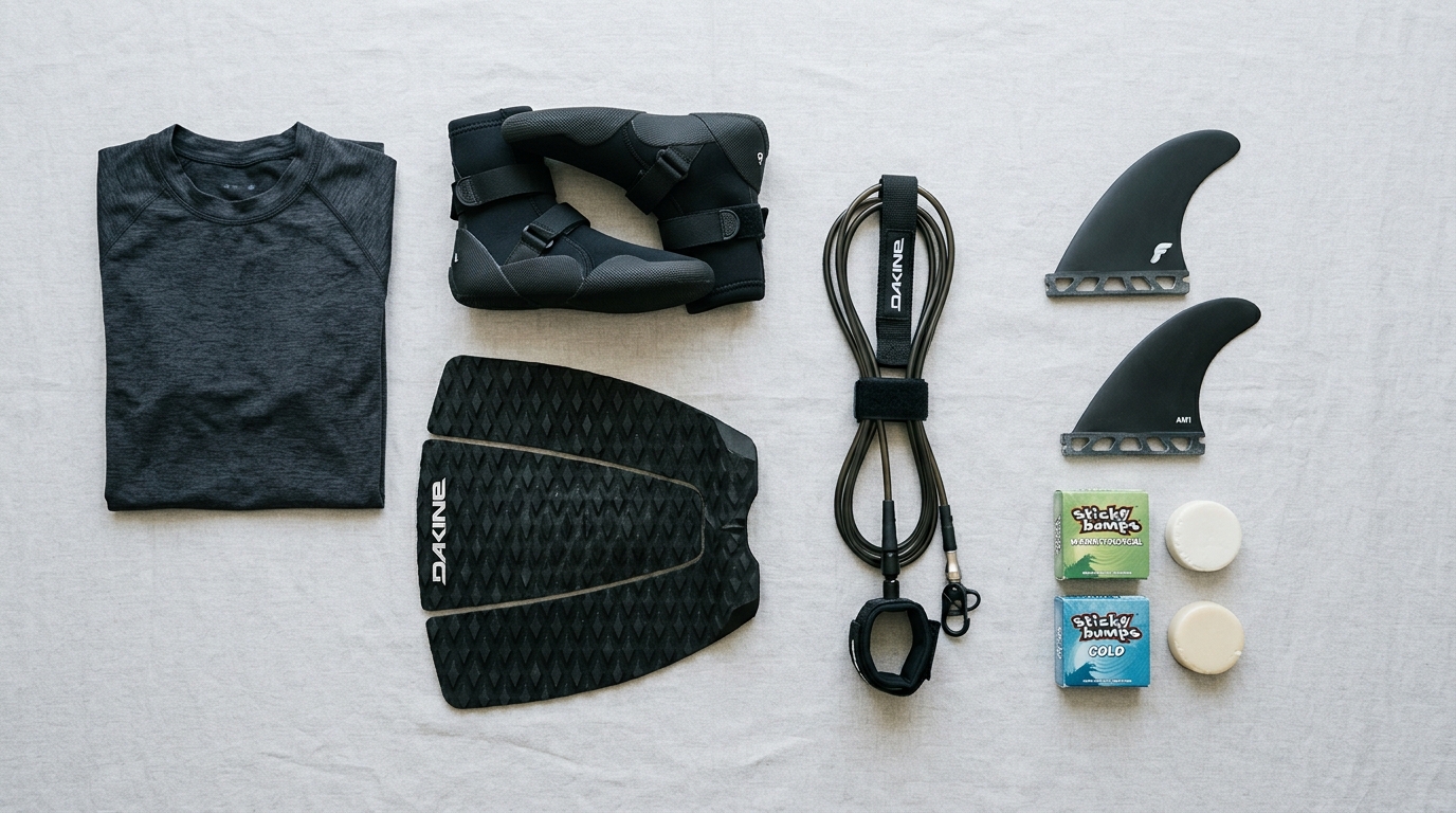 Flat lay complet des accessoires surf : pad, leash, wax, ailerons, lycra, chaussons