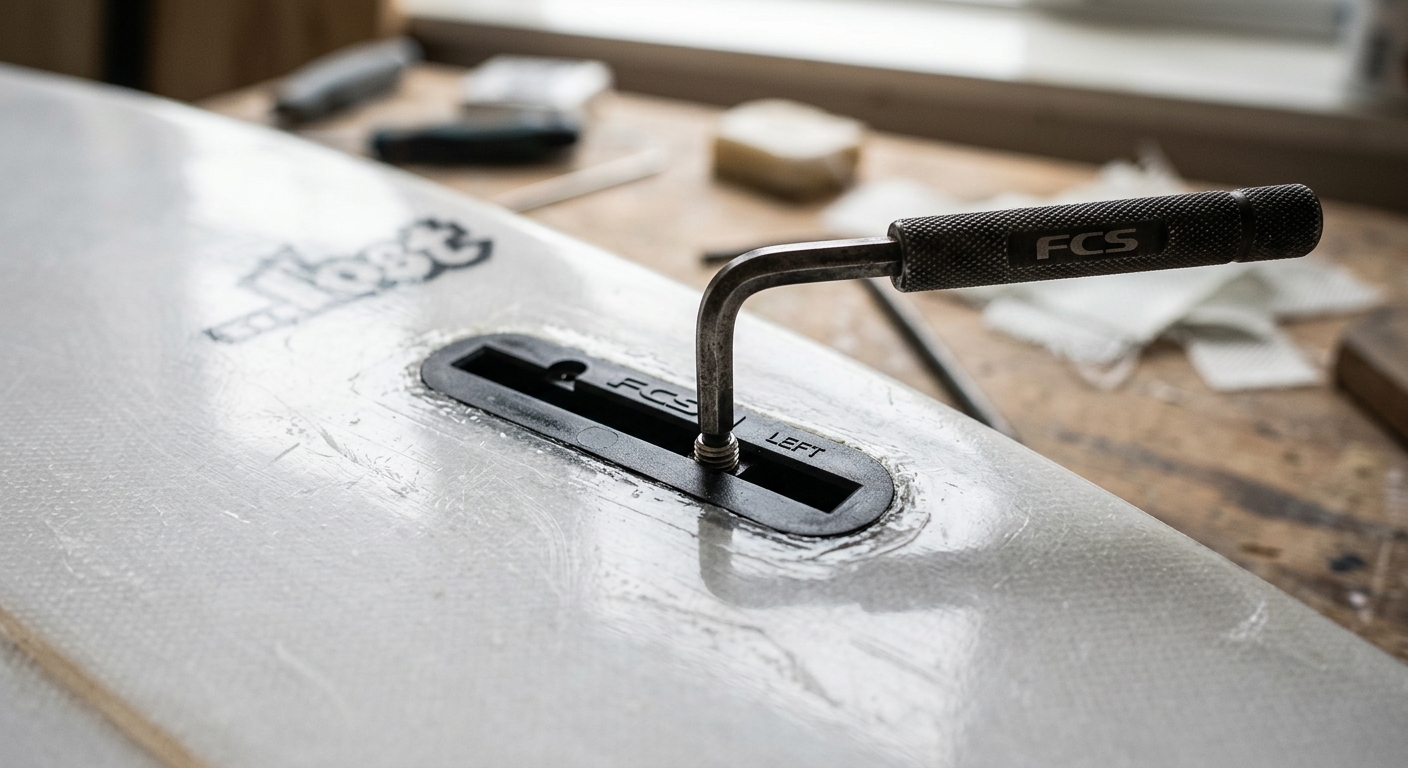 Macro du systeme de boitier d aileron FCS sur une planche de surf avec sa cle