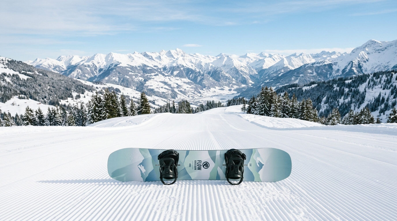 Planche de snowboard débutant posée sur une piste verte douce