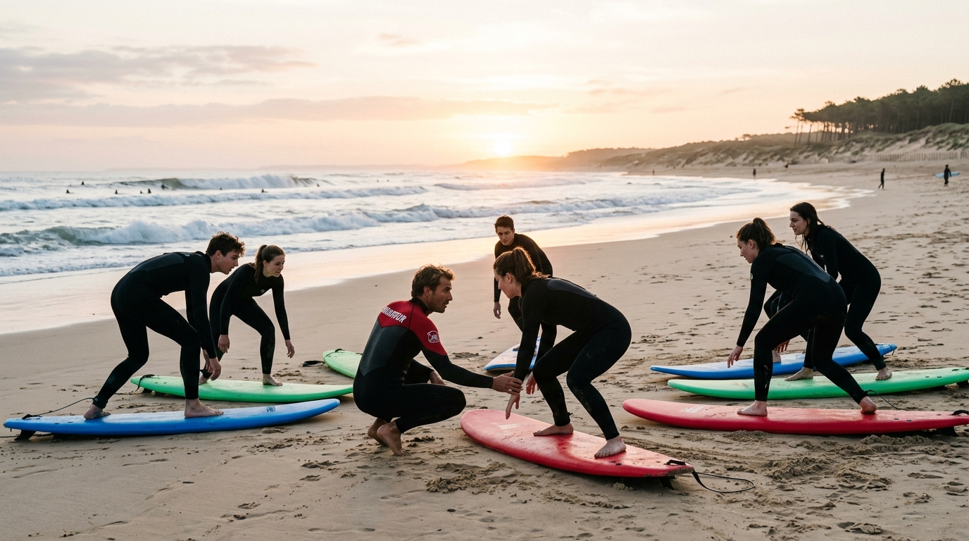 École de surf sur une plage des Landes au lever du soleil avec élèves en cours de pop-up