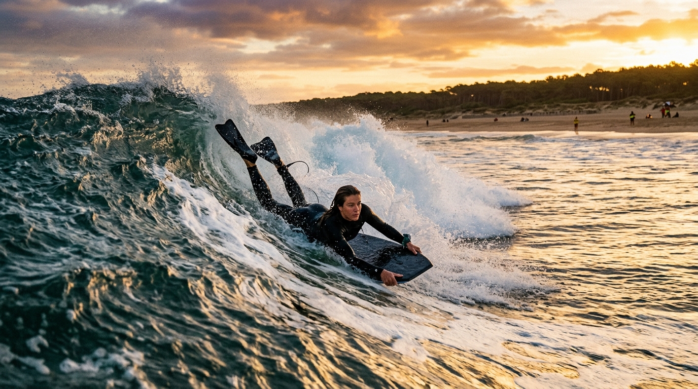 Bodyboarder en bottom turn sur shore break landais