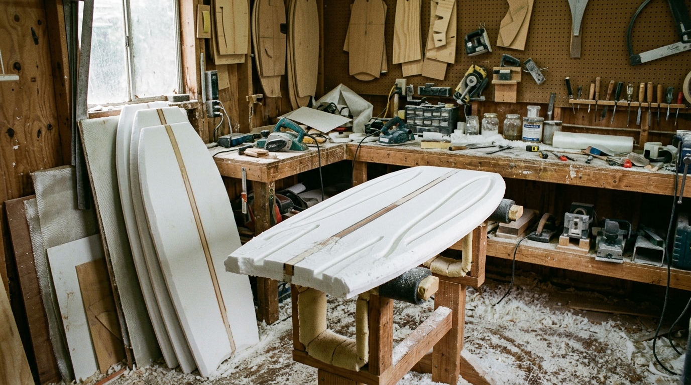 Planche de bodyboard en cours de shaping dans un atelier, noyau et stringers visibles