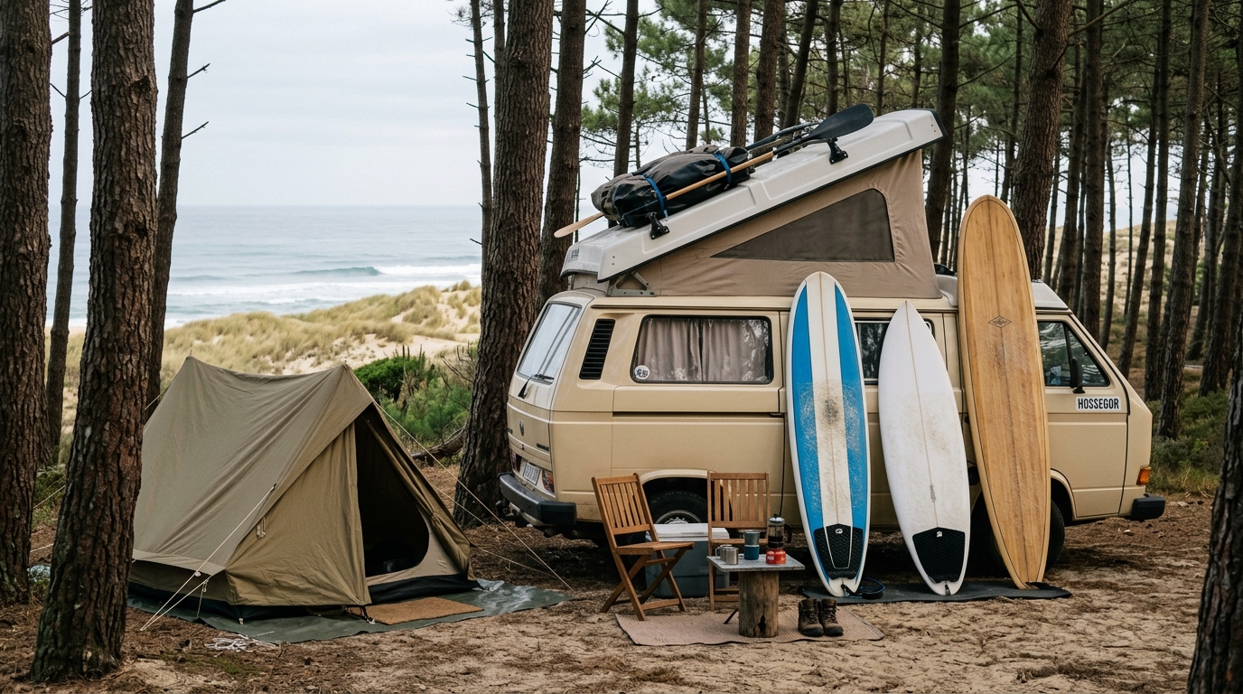 Tente et van avec planches de surf dans un camping près d'Hossegor
