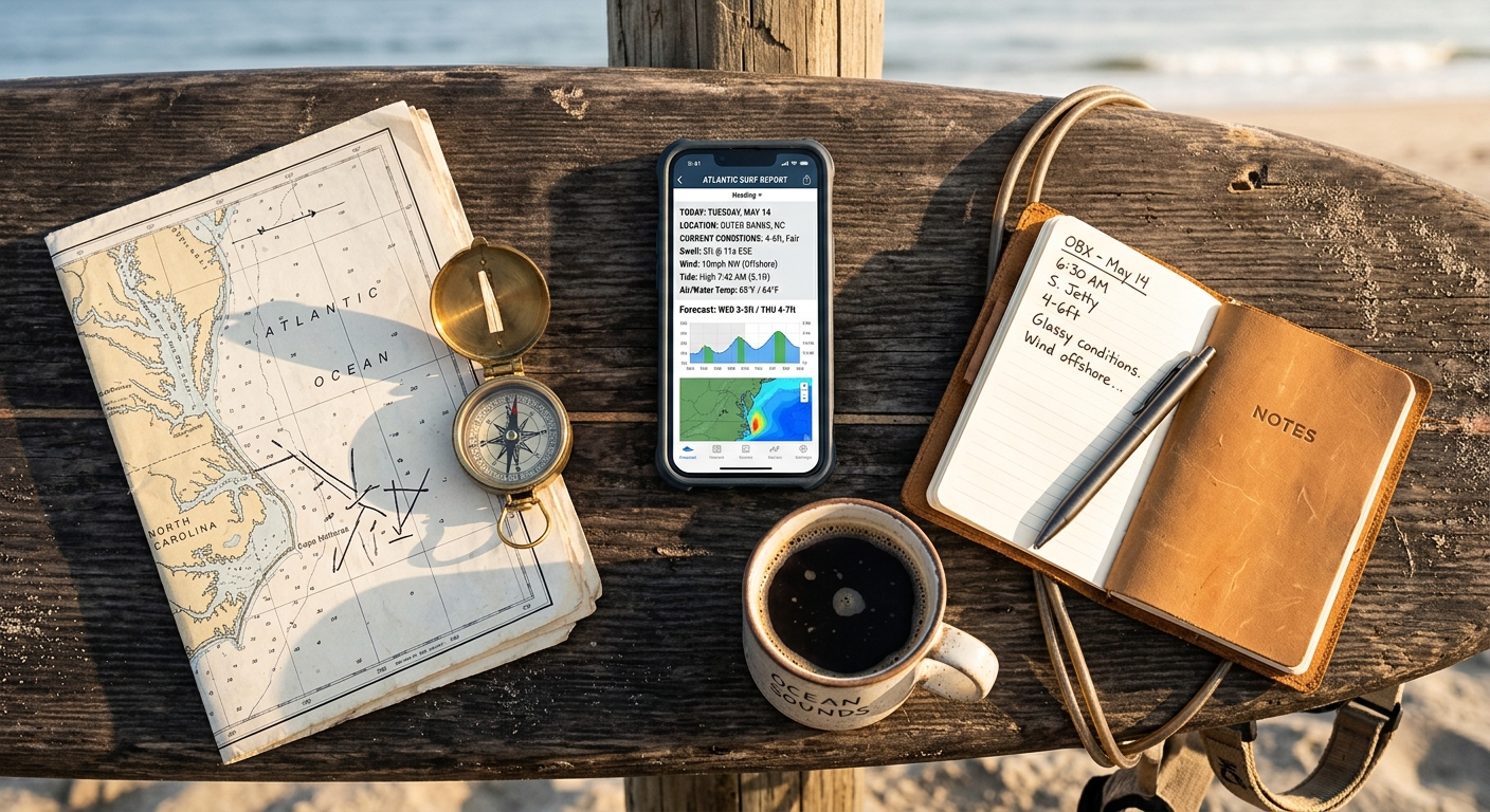 Applications cartes spots de surf sur smartphone et carte papier
