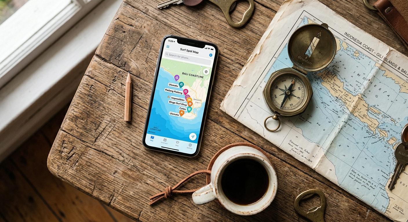Application carte spots de surf sur smartphone avec compas et carte papier en flat lay
