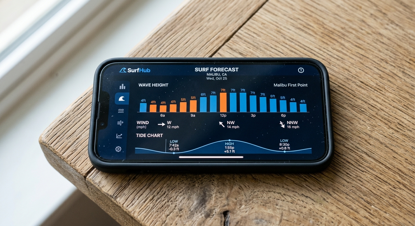 Interface application prévision surf gros plan smartphone