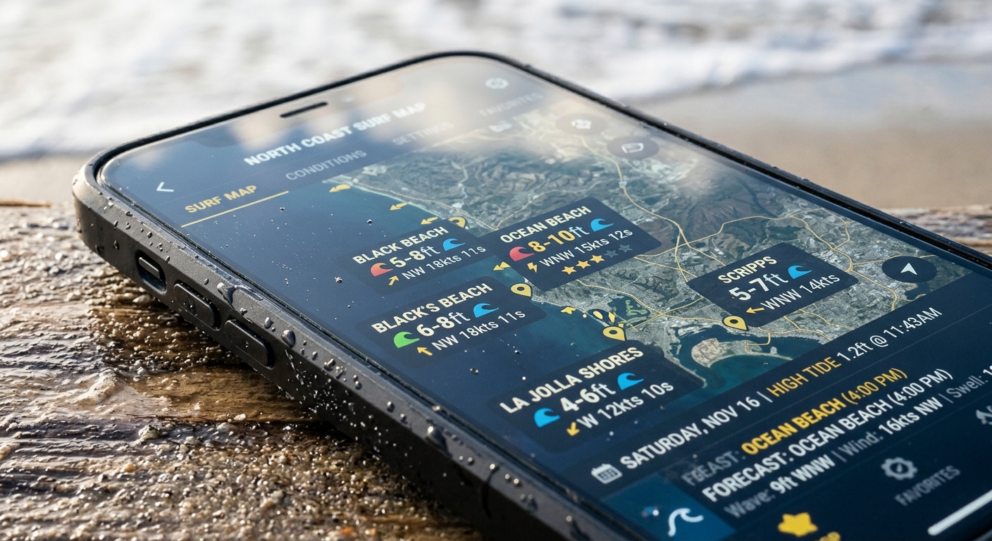 Macro de l'interface application carte spots de surf avec indicateurs vagues et vent