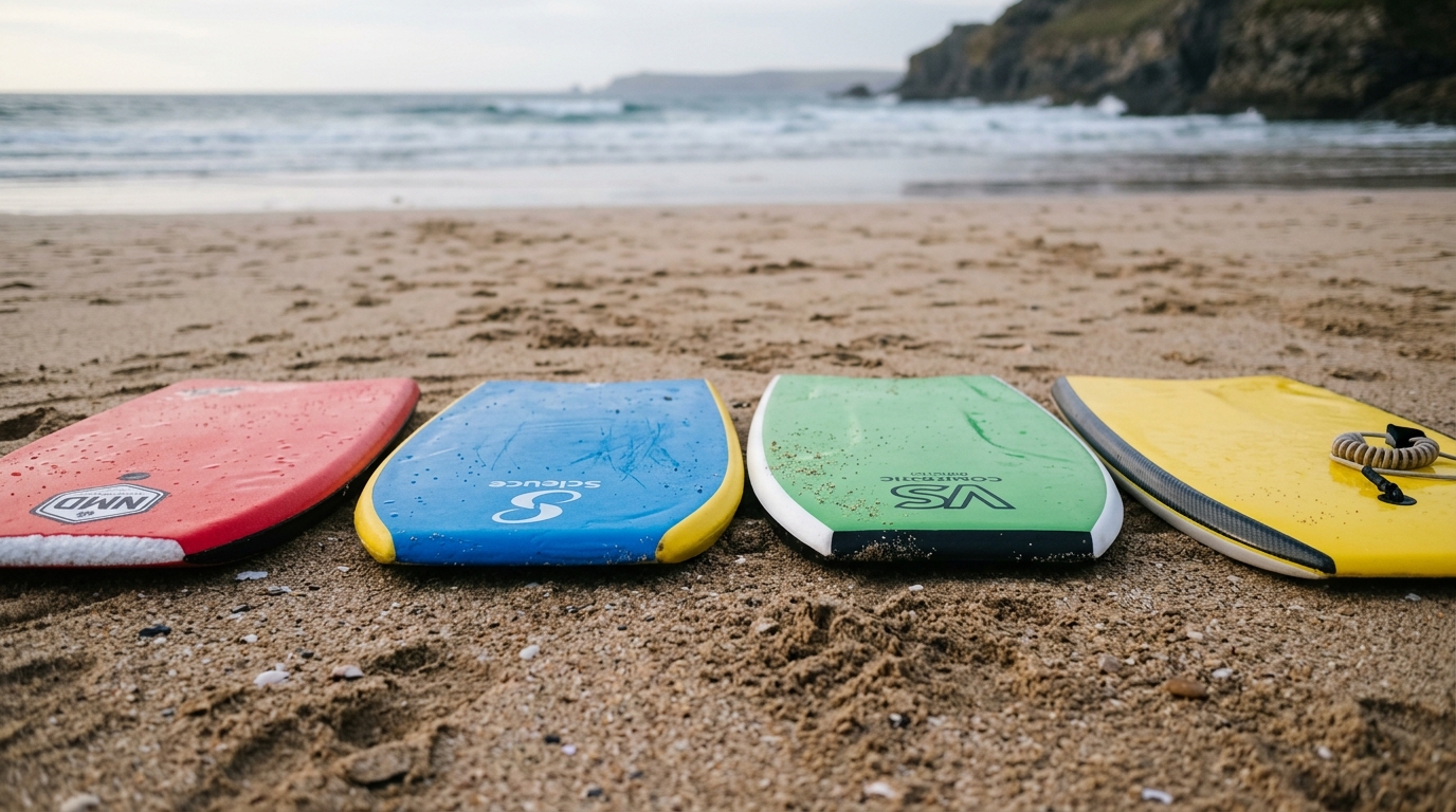 Bodyboards alignés sur le sable détail du core du slick et des stringers