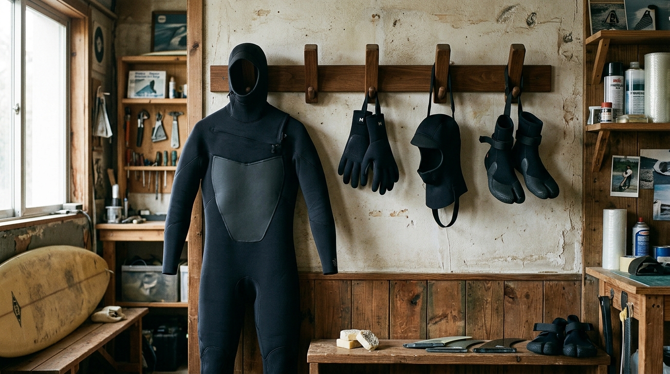 Combinaison surf hiver 5/4/3, cagoule, gants et chaussons néoprène suspendus dans un atelier