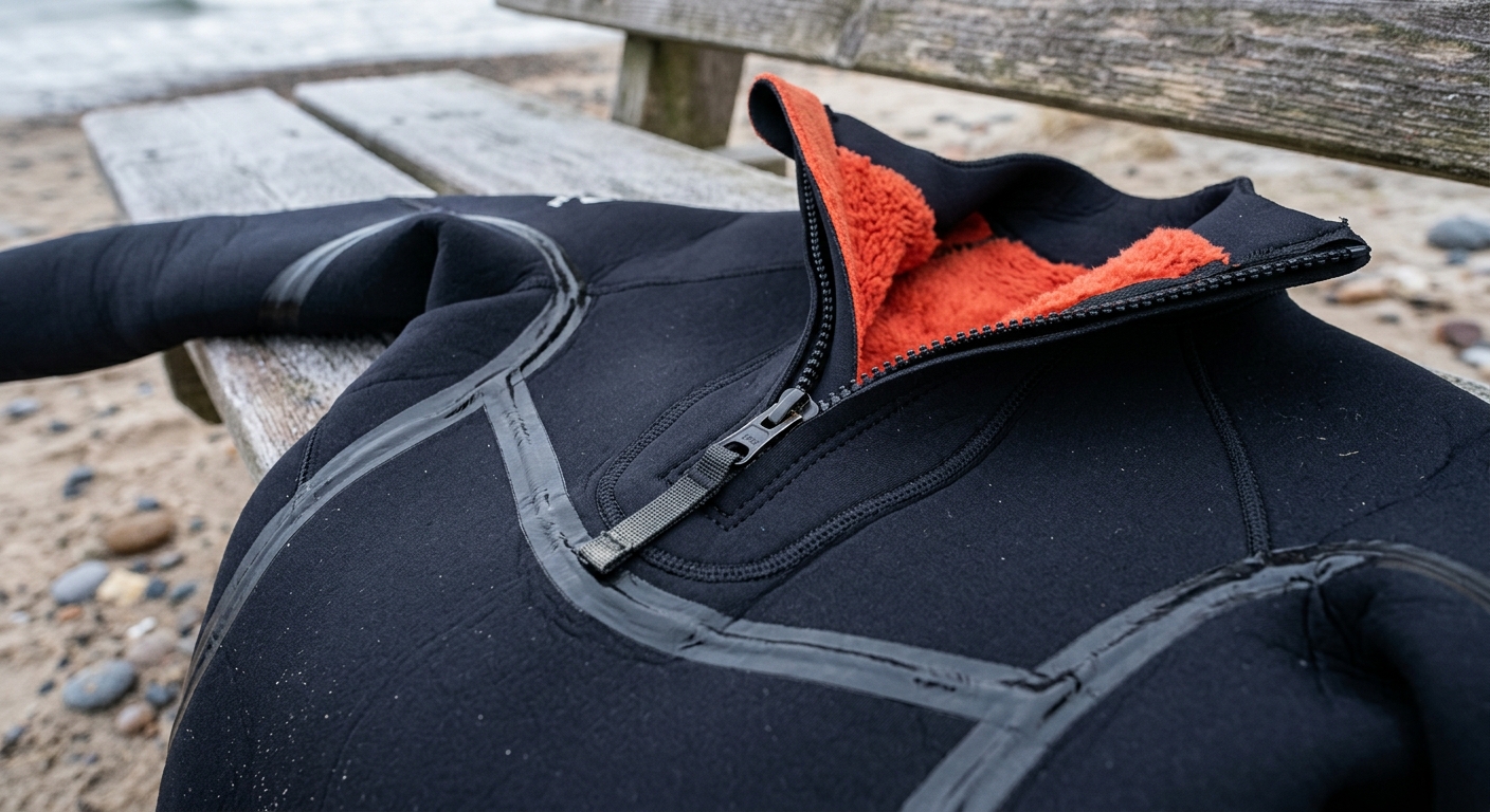 Macro des coutures etanches, du chest zip et de la doublure thermique d une combinaison de surf hiver