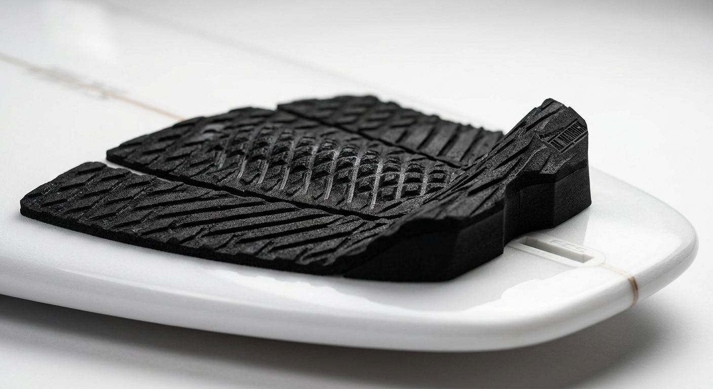 Pad de surf installé sur tail de shortboard gros plan