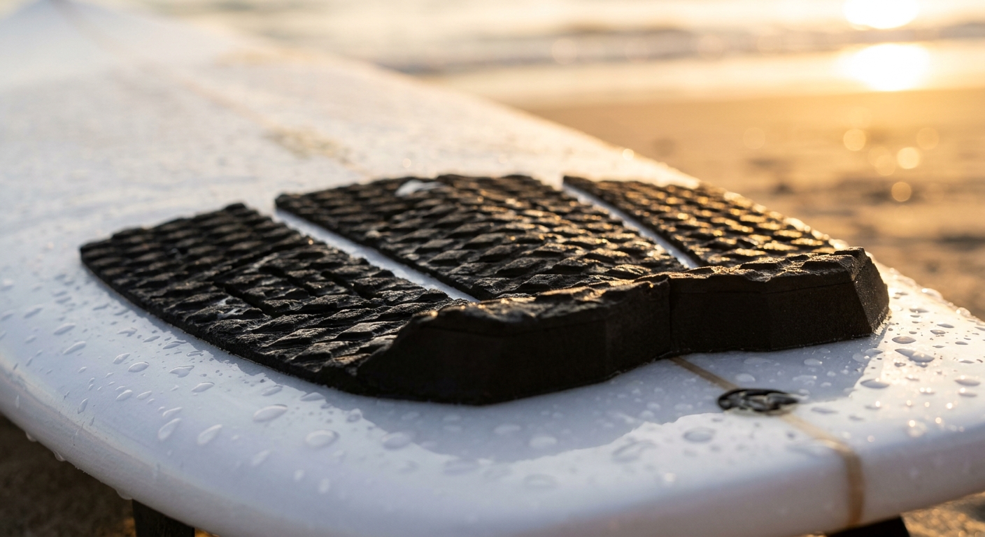 Gros plan sur un tail pad installé sur le tail d'un shortboard avec sillons et kick