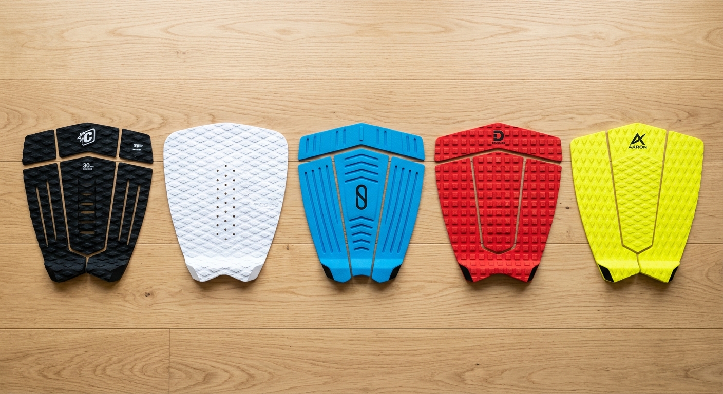 Flat lay 5 tail pads de surf de différentes couleurs et formes alignés sur bois