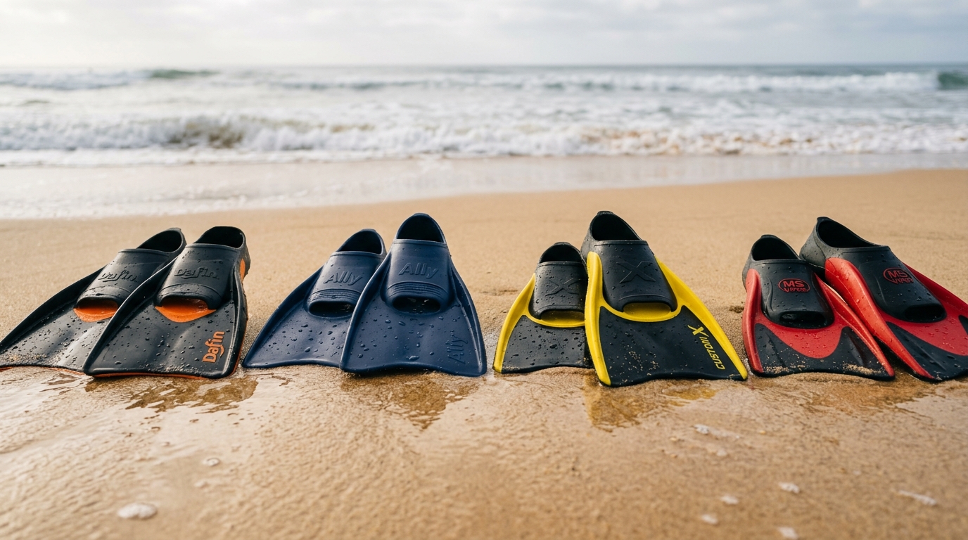 Palmes de bodyboard alignées sur le sable, chausson et voilure visibles