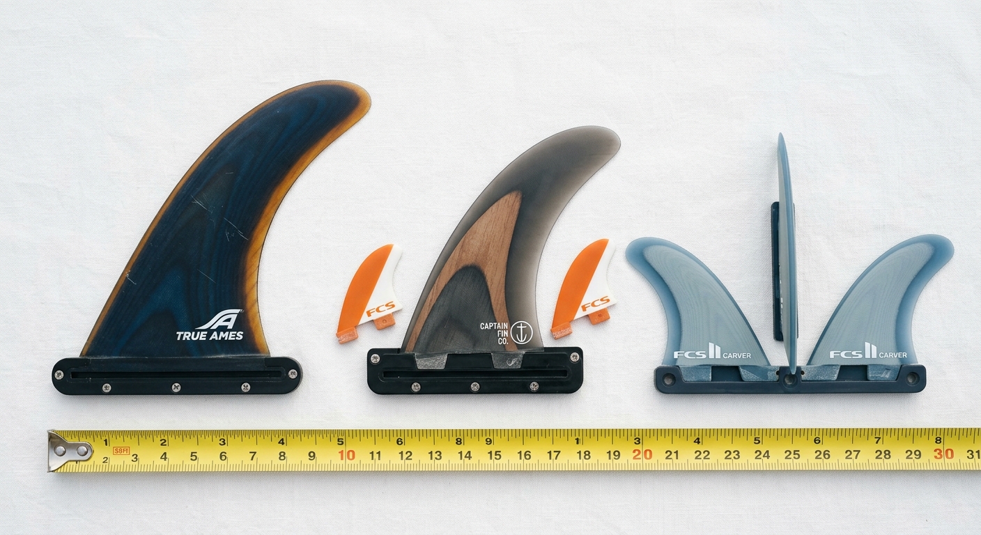 Flat lay de comparaison des dérives de longboard : single fin, 2+1 et tri fin