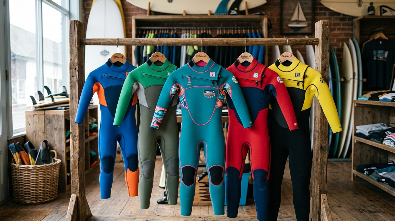 Combinaisons de surf enfants suspendues sur un porte-vêtements, différentes tailles