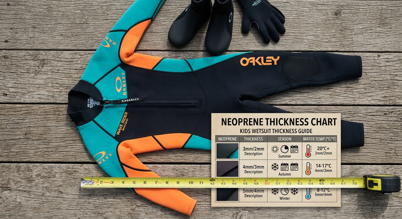 Combinaison de surf enfant posee a plat avec metre ruban et guide d epaisseur neoprene