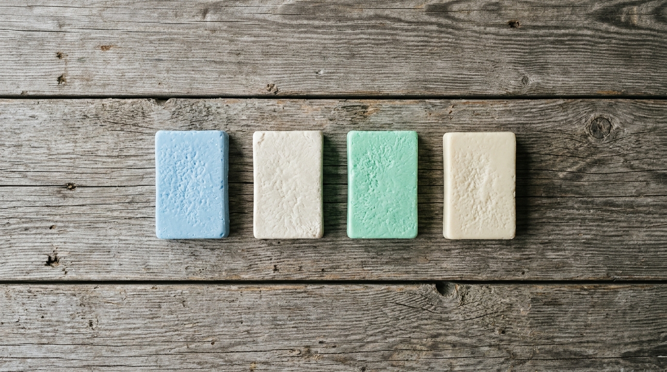Quatre pains de wax surf en flat lay sur planche en bois