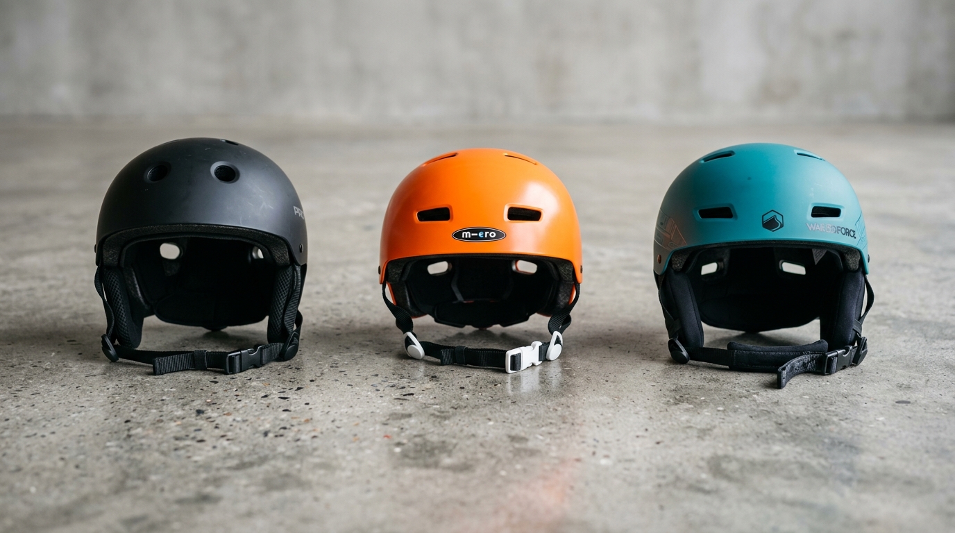 Plusieurs casques alignés pour skate trottinette et wakeboard