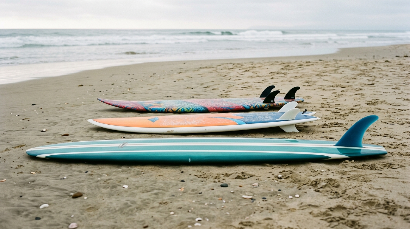 Différentes planches de surf posées sur le sable pour comparer les shapes