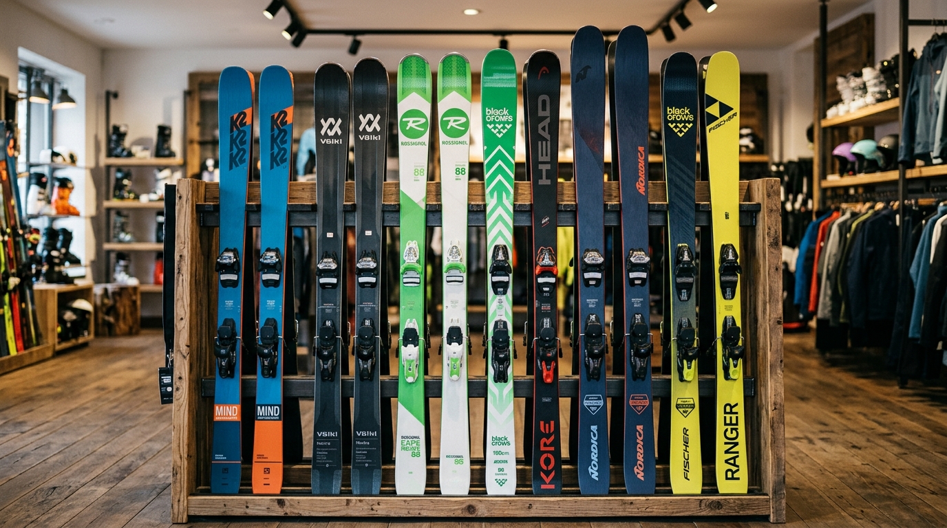Plusieurs paires de skis alpins alignées debout sur un présentoir de boutique