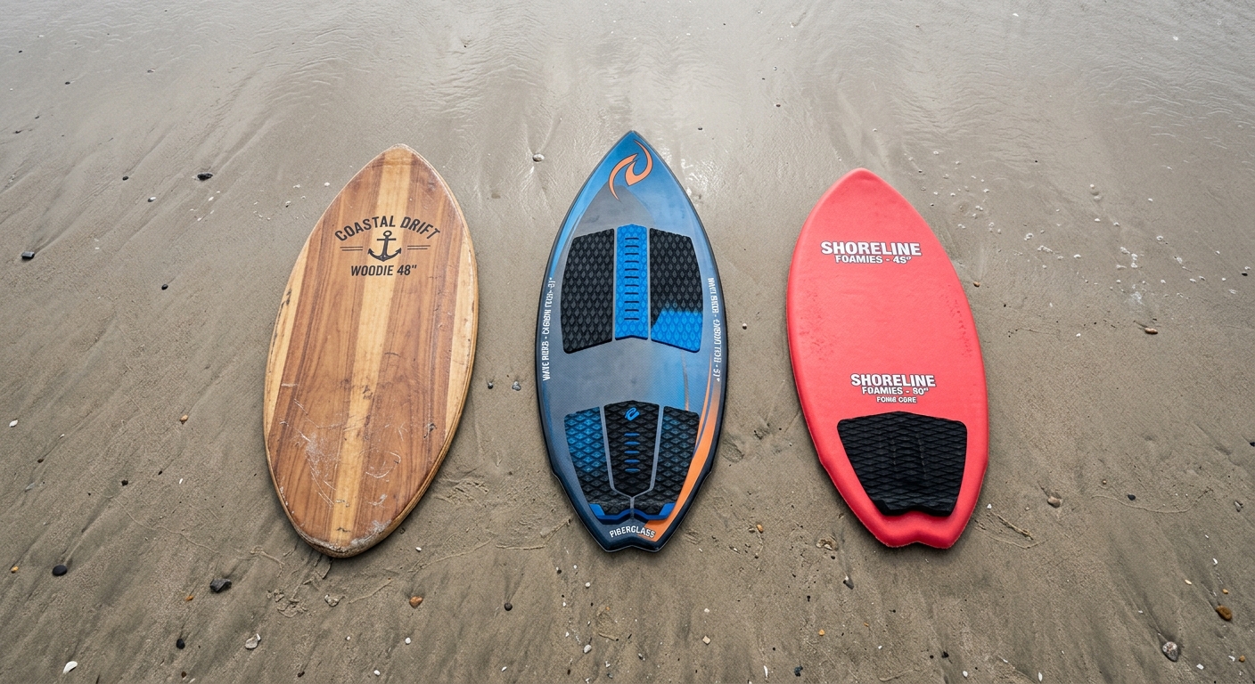 Trois types de skimboards (bois, fibre, mousse) sur le sable