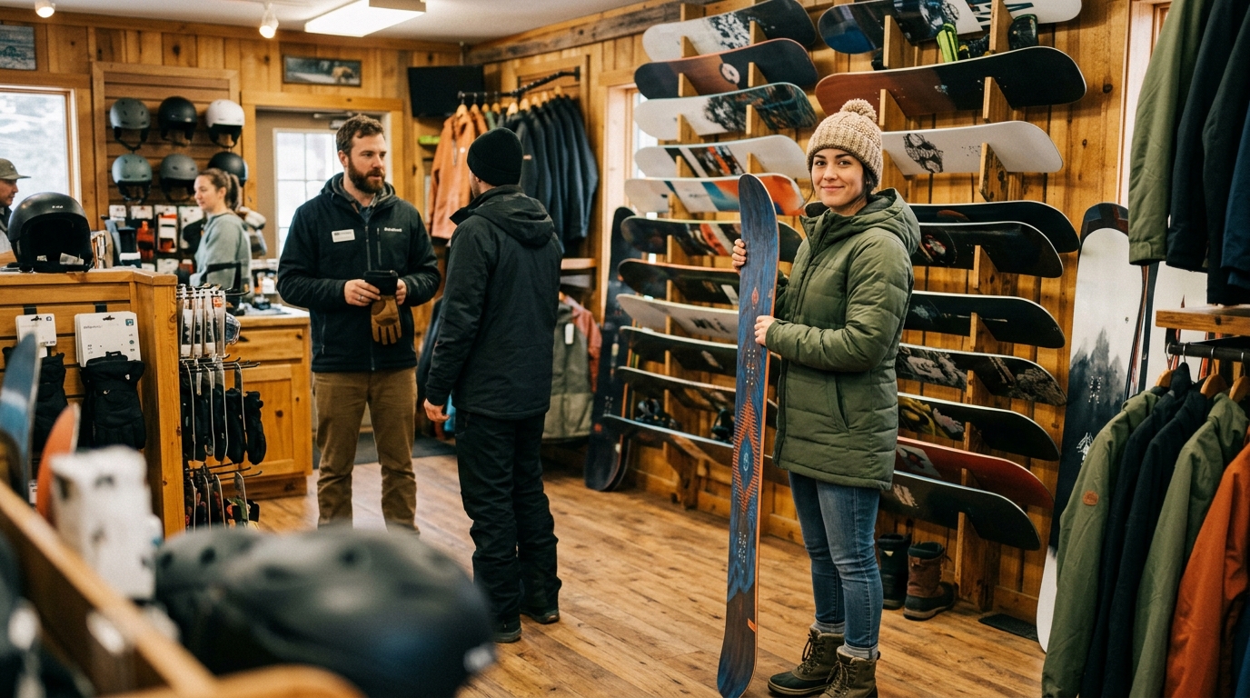 Essai et vérification de la taille d'un snowboard en magasin spécialisé