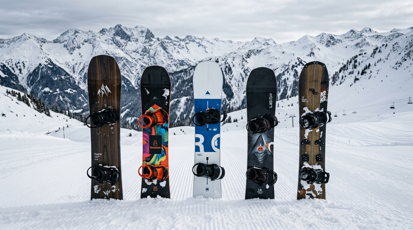 Plusieurs snowboards plantés dans la neige avec fixations visibles sur piste enneigée
