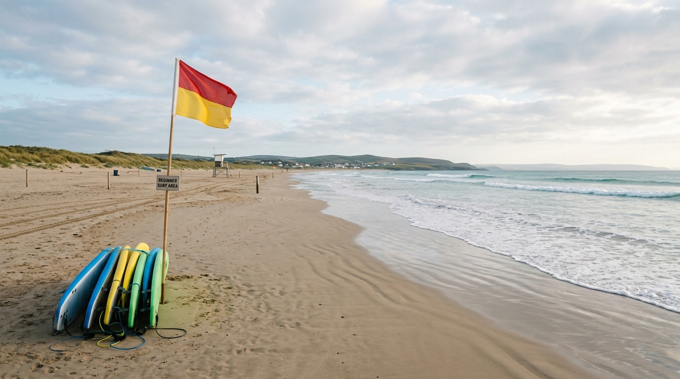 Spot de surf à vagues douces adapté aux débutants sur plage de sable