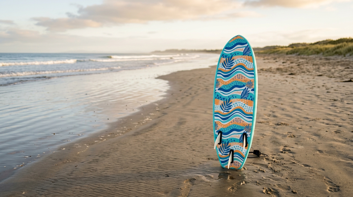 Petite planche de surf enfant en mousse posée sur le sable d'une plage déserte