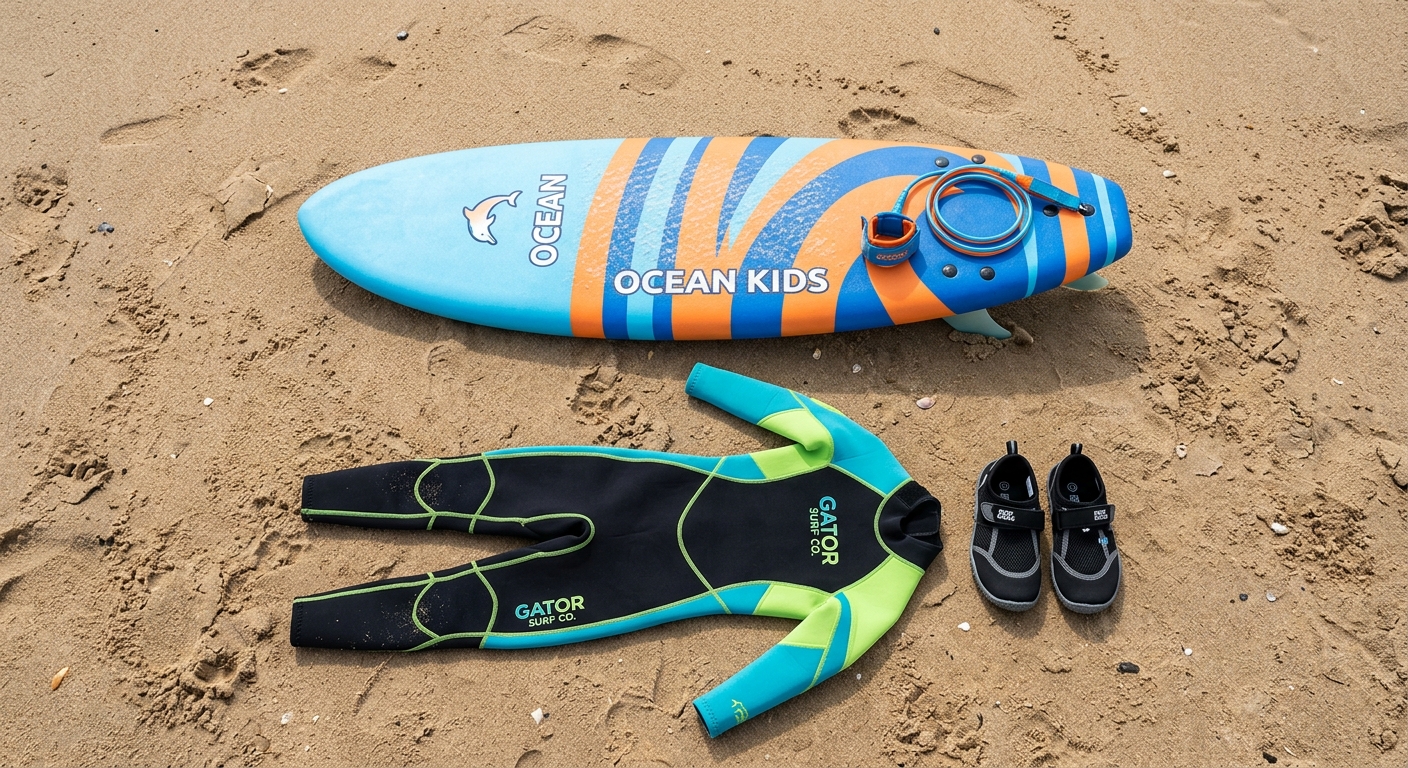 Materiel de surf enfant pose a plat sur le sable : softboard mousse, combinaison et chaussons