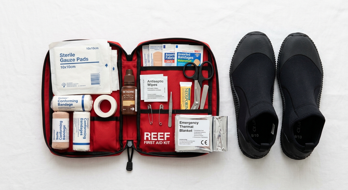 Flat lay de trousse de premiers secours et chaussons reef booties