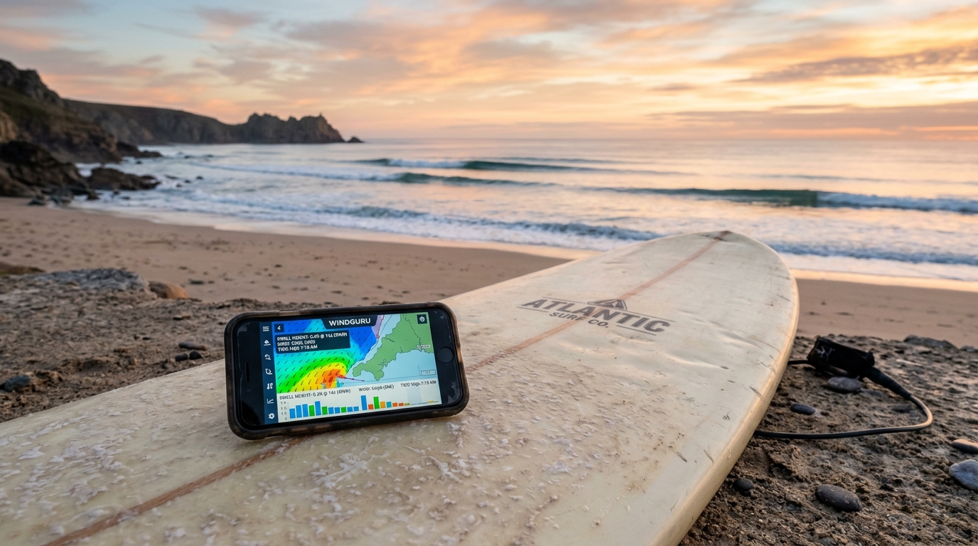 Lignes de houle propres au lever du jour et écran de prévisions surf