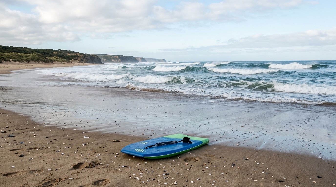 Houle et vagues vue large avec un bodyboard posé sur le sable au premier plan