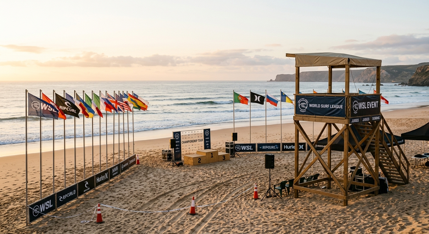 Setup vide de compétition de surf : tour de juges, drapeaux, podium