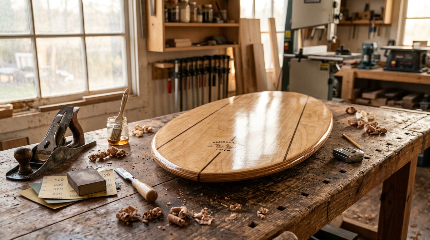 Skimboard en bois fait main pose sur un etabli d'atelier entoure d'outils de menuiserie