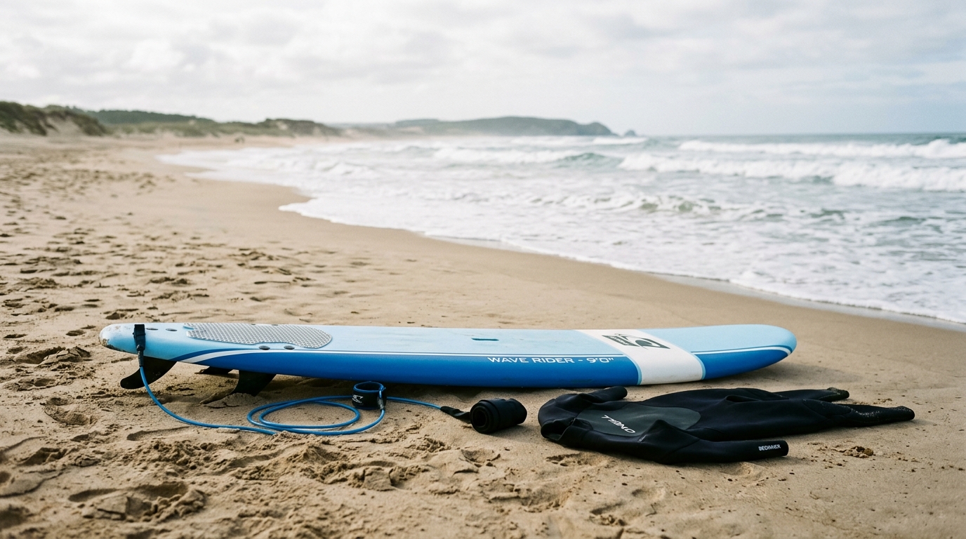 Planche de surf mousse et combinaison sur la plage pour un cours