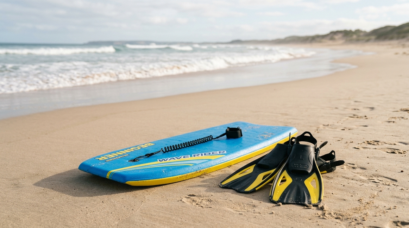 Bodyboard débutant et paire de palmes posés sur le sable de la plage