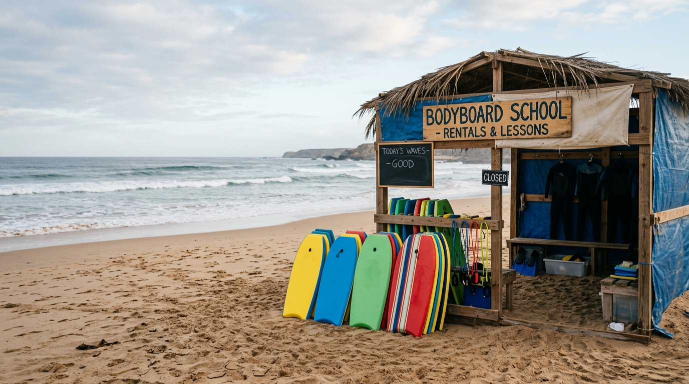 Bodyboards posés sur le sable près d une école de bodyboard en bord de plage