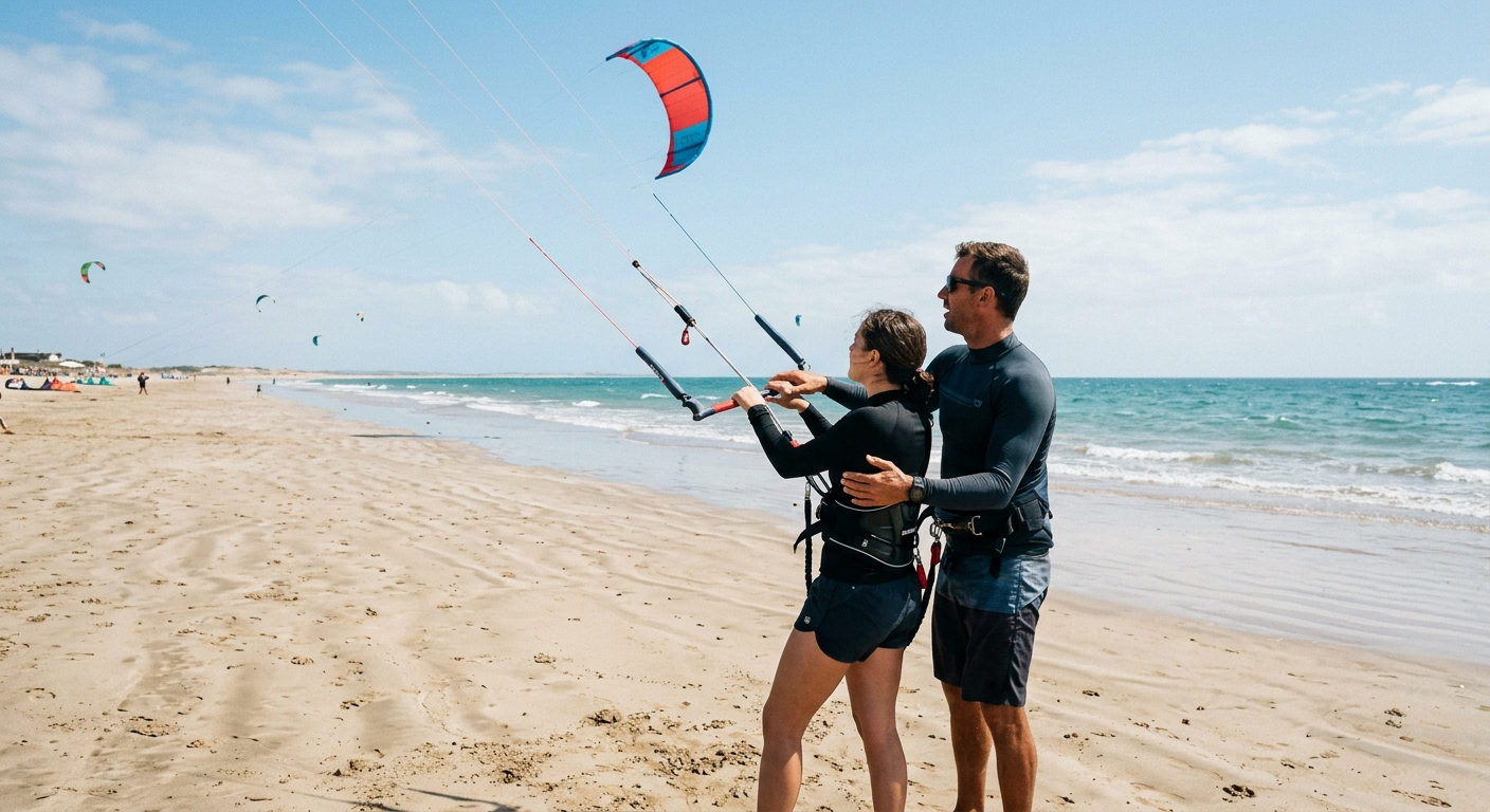 Cours kitesurf débutant avec instructeur sur la plage