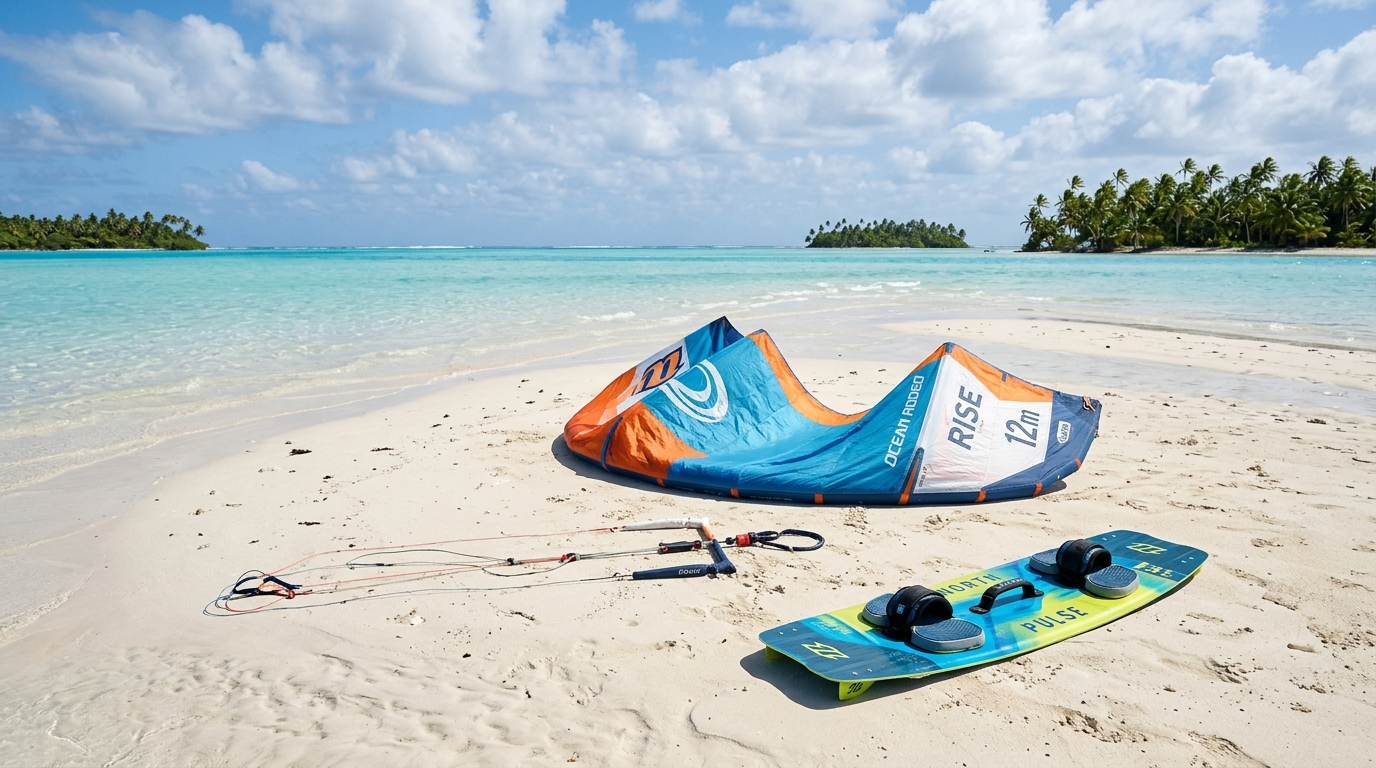 Aile de traction et board débutant posés sur la plage face au lagon