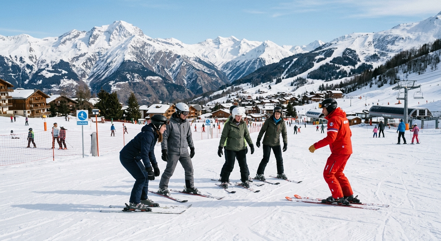 Cours collectif ESF débutants adultes sur piste bleue famille