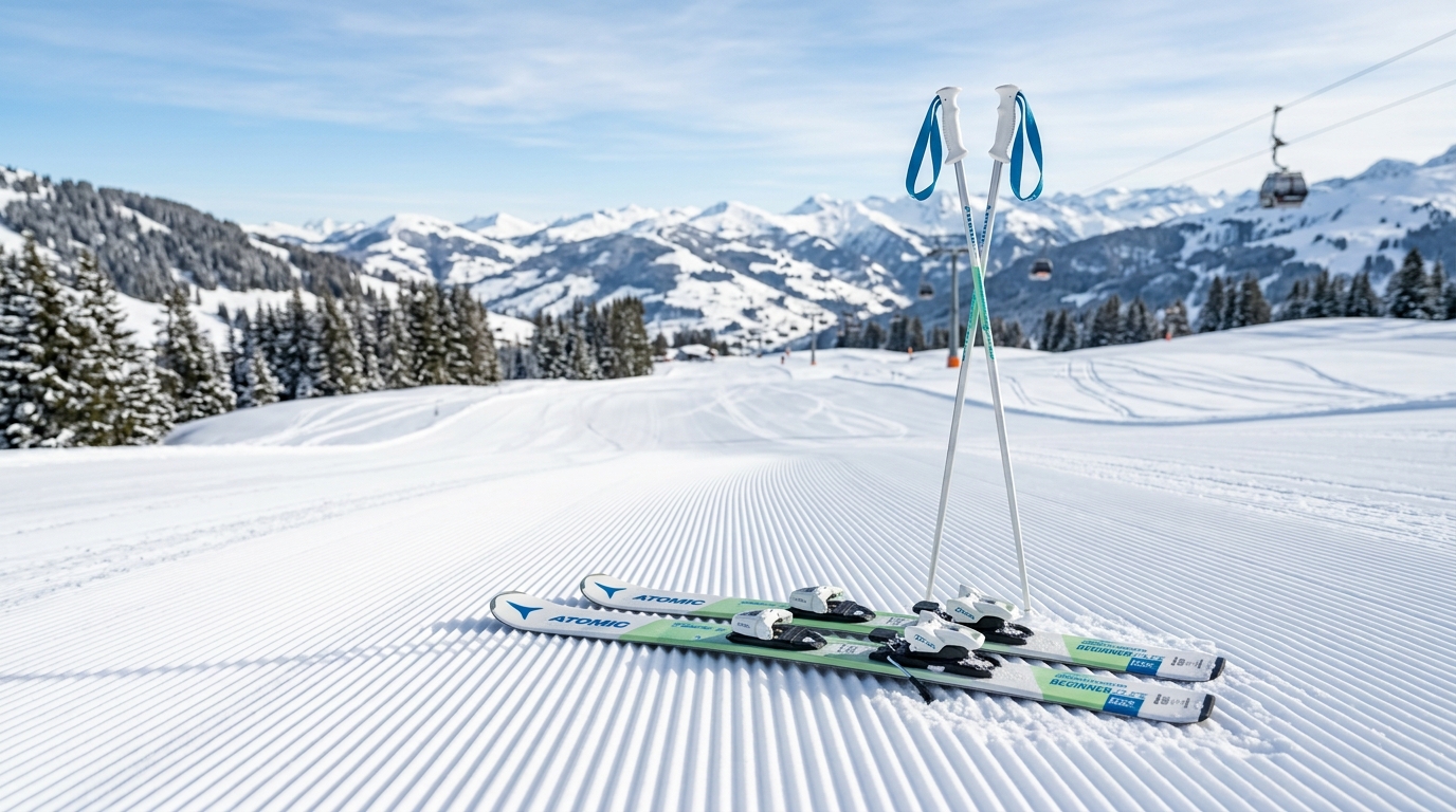 Skis alpins débutant posés sur une piste verte douce et bien damée