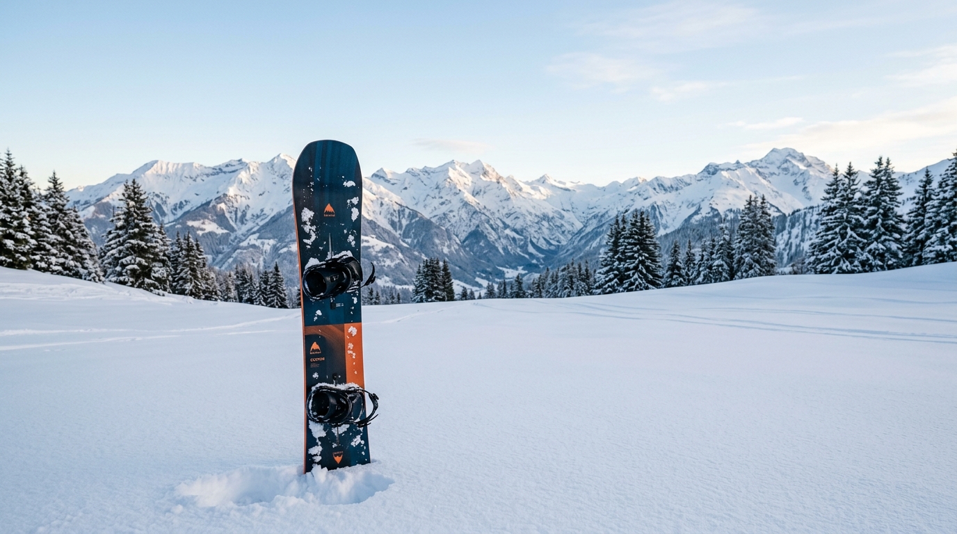 Snowboard all-mountain planté dans la neige fraîche sur une piste calme