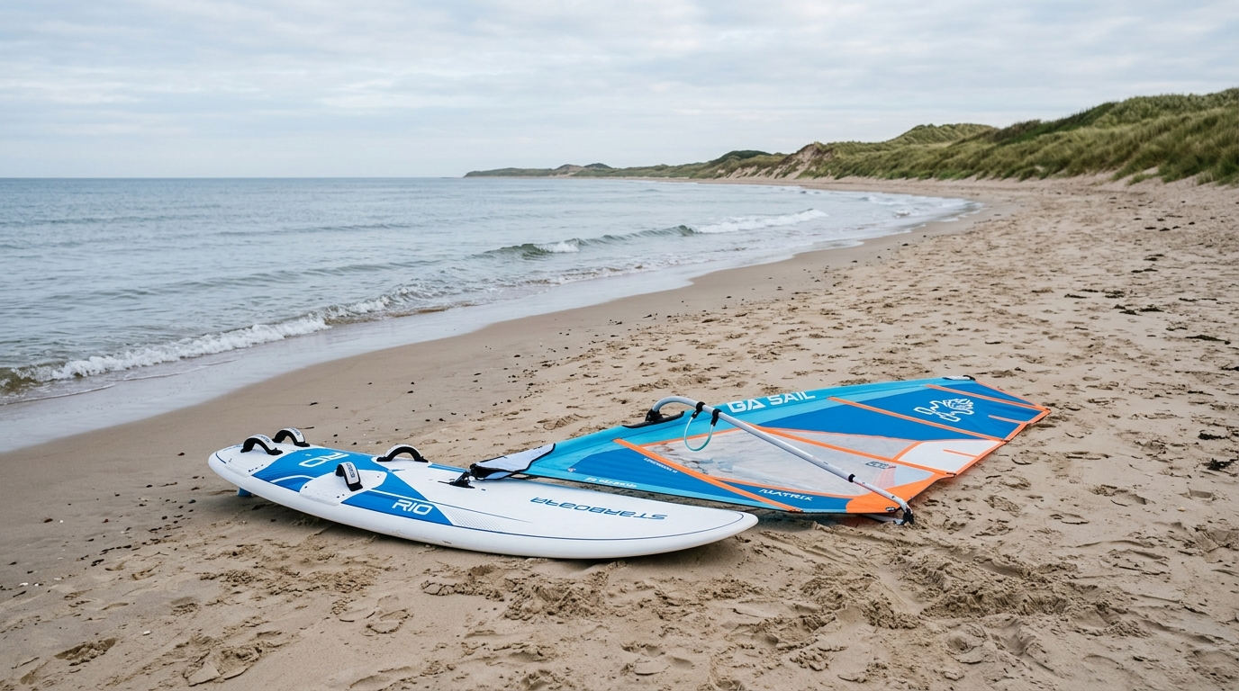 Planche à voile débutant large avec petite voile posée sur le sable
