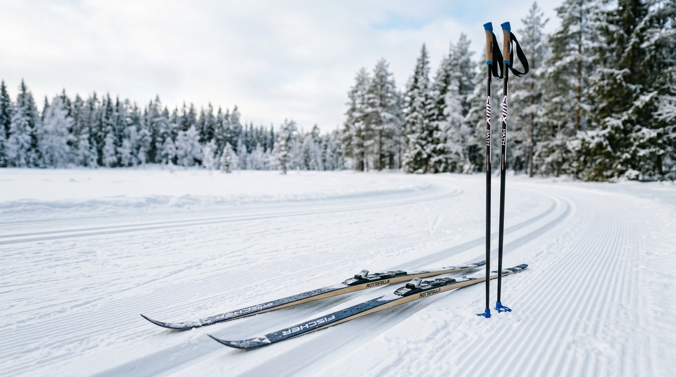 Skis de fond débutant posés sur une piste damée plate facile d'accès